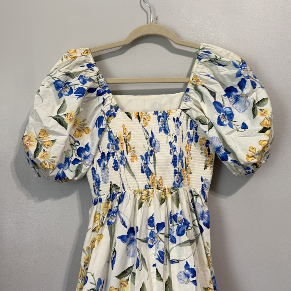 Floral Puff-Sleeve Maxi Dress - White with Blue & Yellow Blooms - Picture 6 of 9